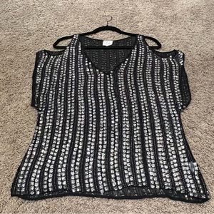 Used Parker 100% silk beaded sequin top, cold shoulder, black and silver